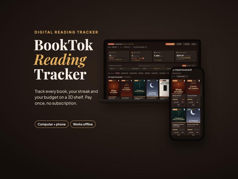 Peut inclure: Un outil de suivi de lecture num&eacute;rique affich&eacute; sur un &eacute;cran d'ordinateur portable et de smartphone. L'interface sombre pr&eacute;sente une biblioth&egrave;que virtuelle, des statistiques et des couvertures de livres. Texte : Digital Reading Tracker, BookTok Reading Tracker, Computer + phone, Works offline.