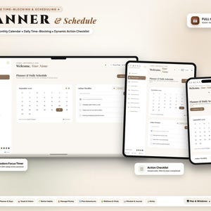 May include: A digital planner and schedule interface displayed on a laptop, tablet, and smartphone. The screen shows a monthly calendar, daily time-blocking, and an action checklist under the Lumina brand. Features include a Pomodoro focus timer.
