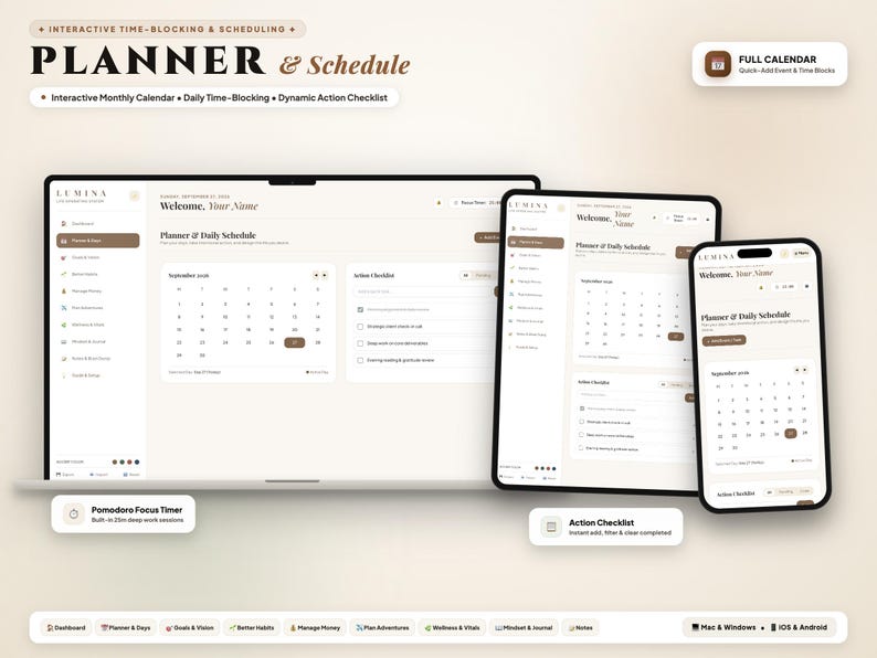 May include: A digital planner and schedule interface displayed on a laptop, tablet, and smartphone. The screen shows a monthly calendar, daily time-blocking, and an action checklist under the Lumina brand. Features include a Pomodoro focus timer.