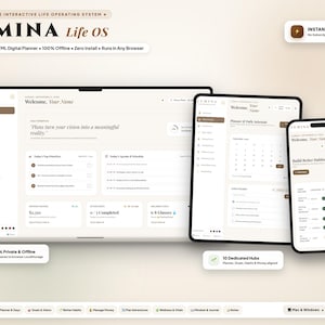 May include: A digital planner interface titled Lumina Life OS displayed on a laptop, tablet, and smartphone. The screen shows a dashboard with a daily schedule, habit tracker, and financial summary in a neutral beige and dark brown color scheme.
