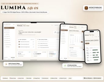 Peut inclure: Une interface de planificateur numérique intitulée Lumina Life OS affichée sur un ordinateur portable, une tablette et un smartphone. L'écran présente un tableau de bord avec un emploi du temps, un suivi des habitudes et un résumé financier.