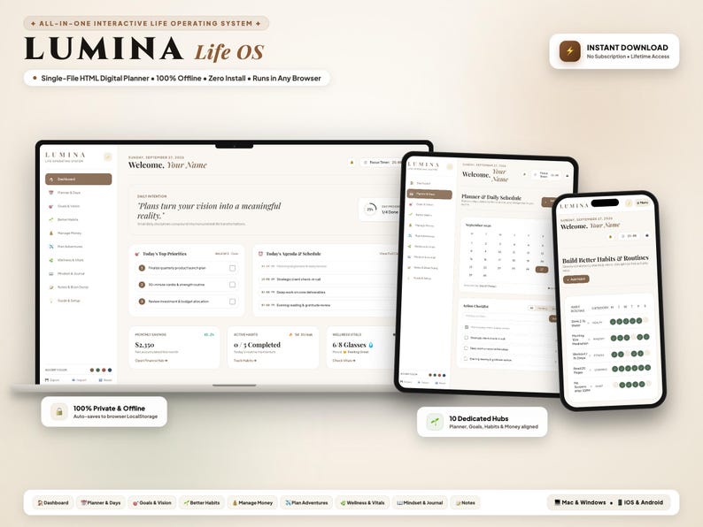 May include: A digital planner interface titled Lumina Life OS displayed on a laptop, tablet, and smartphone. The screen shows a dashboard with a daily schedule, habit tracker, and financial summary in a neutral beige and dark brown color scheme.