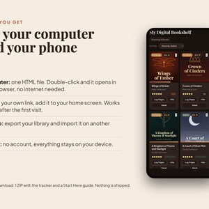 Peut inclure: Une interface de biblioth&egrave;que num&eacute;rique affich&eacute;e sur un &eacute;cran de smartphone, pr&eacute;sentant des couvertures de livres comme Wings of Ember et Crown of Cinders. Le texte &agrave; gauche explique les fonctionnalit&eacute;s pour ordinateur et t&eacute;l&eacute;phone.