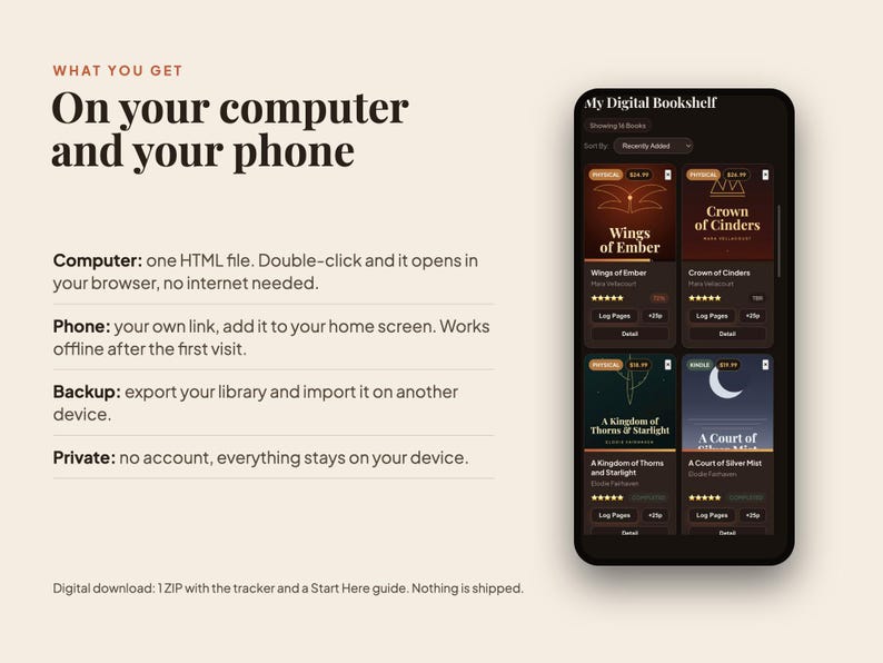Peut inclure: Une interface de biblioth&egrave;que num&eacute;rique affich&eacute;e sur un &eacute;cran de smartphone, pr&eacute;sentant des couvertures de livres comme Wings of Ember et Crown of Cinders. Le texte &agrave; gauche explique les fonctionnalit&eacute;s pour ordinateur et t&eacute;l&eacute;phone.