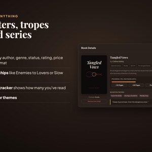 Peut inclure: Une interface num&eacute;rique affichant le texte Find Anything Filters, tropes and series. Elle comprend une fen&ecirc;tre Book Details pour le livre Tangled Vows de Celine Ashby, avec une barre de progression, des &eacute;tiquettes de tropes et une citation.