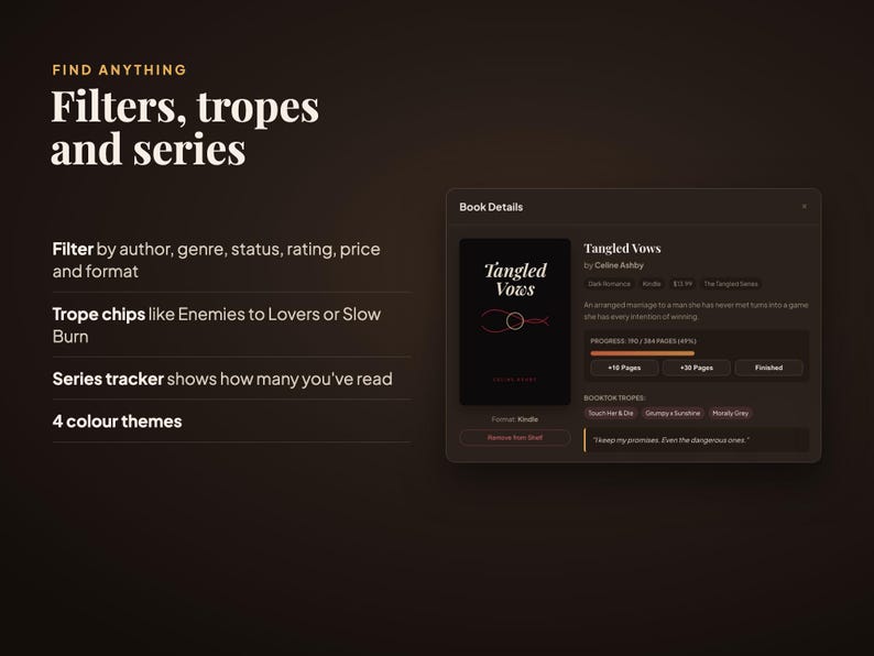 Peut inclure: Une interface num&eacute;rique affichant le texte Find Anything Filters, tropes and series. Elle comprend une fen&ecirc;tre Book Details pour le livre Tangled Vows de Celine Ashby, avec une barre de progression, des &eacute;tiquettes de tropes et une citation.