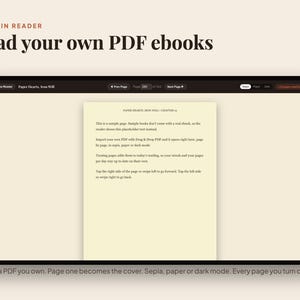 Peut inclure: Une interface num&eacute;rique intitul&eacute;e Built-in Reader Read your own PDF ebooks affiche une page de texte sur un fond cr&egrave;me. L'&eacute;cran pr&eacute;sente des commandes de navigation, des indicateurs de page et une barre d'en-t&ecirc;te sombre.