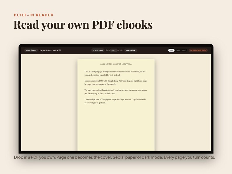 Peut inclure: Une interface num&eacute;rique intitul&eacute;e Built-in Reader Read your own PDF ebooks affiche une page de texte sur un fond cr&egrave;me. L'&eacute;cran pr&eacute;sente des commandes de navigation, des indicateurs de page et une barre d'en-t&ecirc;te sombre.