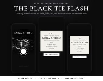 Black Tie Wedding Invitation Website, Camera Flash Reveal Digital Invite, Editable Canva Template, Mobile Wedding Website with RSVP