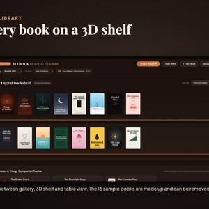 Peut inclure: Une interface num&eacute;rique intitul&eacute;e Booktok Reading Tracker affichant une &eacute;tag&egrave;re 3D avec seize couvertures de livres. Le tableau de bord au th&egrave;me sombre comprend des boutons de navigation, un s&eacute;lecteur de langue et un suivi de s&eacute;rie.