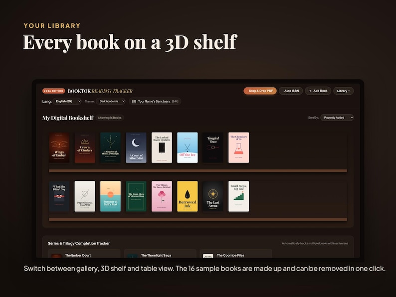 Peut inclure: Une interface num&eacute;rique intitul&eacute;e Booktok Reading Tracker affichant une &eacute;tag&egrave;re 3D avec seize couvertures de livres. Le tableau de bord au th&egrave;me sombre comprend des boutons de navigation, un s&eacute;lecteur de langue et un suivi de s&eacute;rie.