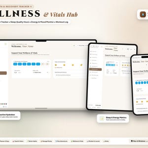May include: A digital wellness and vitals hub dashboard displayed on a laptop, tablet, and smartphone. The interface features a daily health tracker, 8-glass water tracker, sleep quality hours, energy and mood monitor, and a workout log by Lumina.