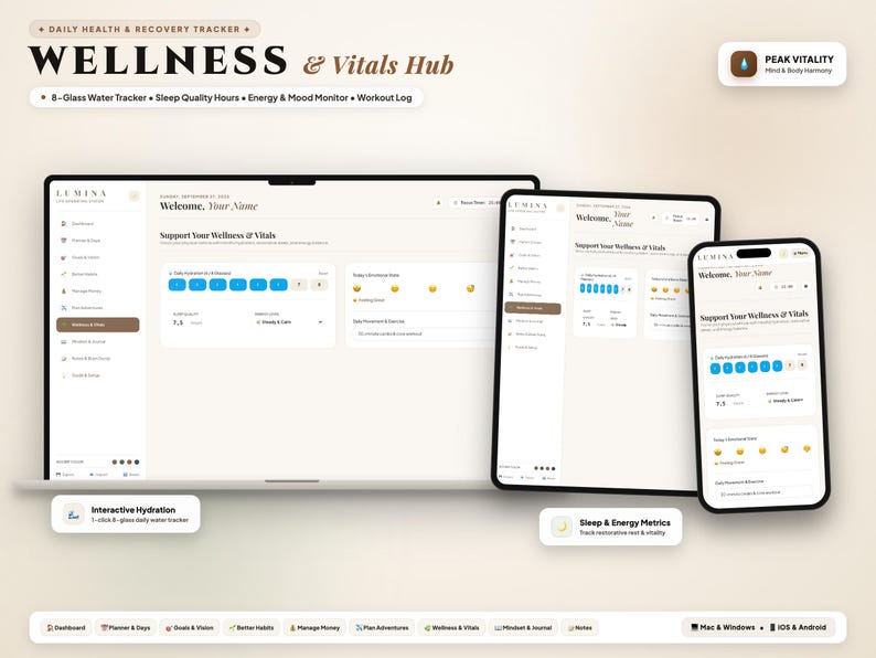 May include: A digital wellness and vitals hub dashboard displayed on a laptop, tablet, and smartphone. The interface features a daily health tracker, 8-glass water tracker, sleep quality hours, energy and mood monitor, and a workout log by Lumina.