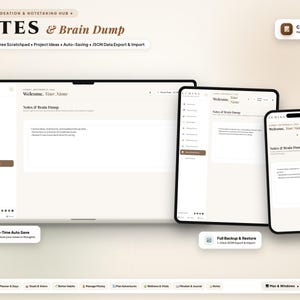 May include: A digital interface display showing a notes and brain dump application on a laptop, tablet, and smartphone. The screen features a clean, beige layout with dark text, navigation menus, and the Lumina logo. Text includes Notes & Brain Dump, Capture Ideas, Real-Time Auto Save, and Full Backup & Restore.