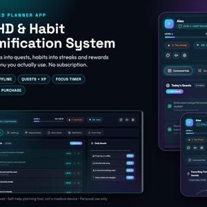 Può includere: Un'interfaccia per app di pianificazione gamificata visualizzata su tre schermi. Il design scuro con accenti blu neon e viola mostra profili utente, serie di abitudini, registri delle missioni e timer di messa a fuoco.