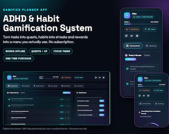 Peut inclure: Une interface d'application de planification gamifiée affichée sur trois écrans. L'interface sombre présente des accents bleu néon et violet, affichant des profils, des séries d'habitudes, des quêtes et des minuteurs.