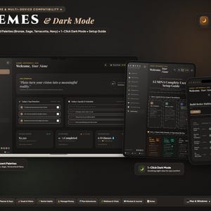 May include: A digital interface display titled Lumina featuring a dark mode dashboard on a laptop, tablet, and smartphone. The layout includes sections for daily priorities, schedules, and habit tracking with bronze, sage, terracotta, and navy accents.