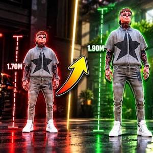 May include: A digital interface showing character scale settings with a height slider. Two figures wearing grey star-print shirts and jeans are displayed, labeled 1.70M and 1.90M. The text reads SCALE SETTINGS and includes instructions about height ratios.