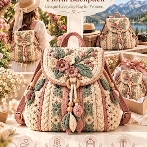 May include: A handmade crochet backpack featuring a floral design in cream, sage green, and dusty rose. The bag has a flap with three-dimensional crocheted flowers and leaves, a wooden ring closure with dangling beads, and braided straps.