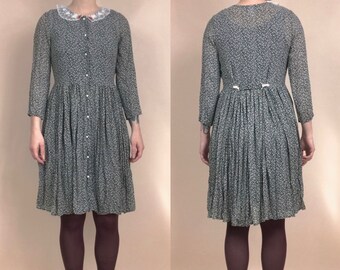 80s gray silk midi dress paisley puff sleeve dress peter pan collar shirtdress