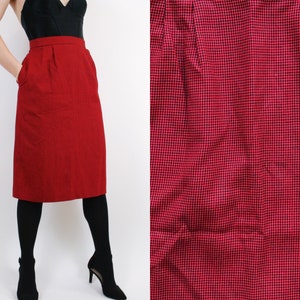 Vintage 90s high waist red and black houndstooth midi pencil skirt w/ pockets | 27” waist