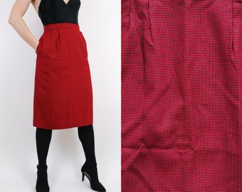 Vintage 90s high waist red and black houndstooth midi pencil skirt w/ pockets | 27” waist