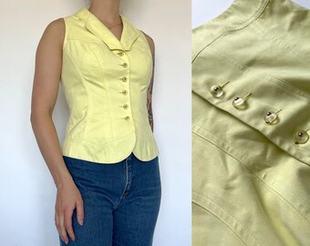 90s / y2k Alberto Makali buttery soft pastel lemon yellow tight fitted collared vest with western accents