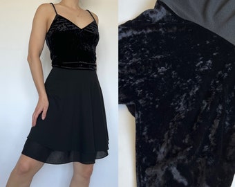 Deadstock vintage 90s black crushed velvet spaghetti strap v-neck ballet style mini dress