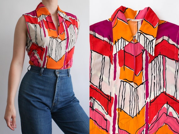 Groovy vintage 60s abstract mod collared semi-she… - image 1