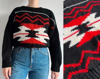 Vintage 90s hand knitted oversized southwestern print pullover sweater in red black and white