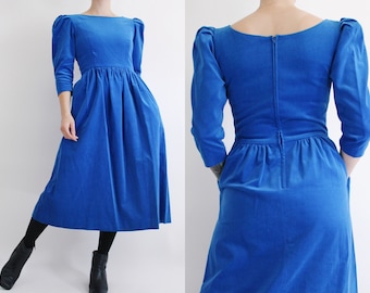 Incredible vintage 80s does 60s blue velvet cotton midi dress with exaggerated puff sleeves W/ pockets!