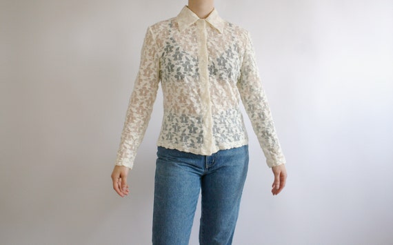 Vintage 70s cream colored sheer floral print lace… - image 2