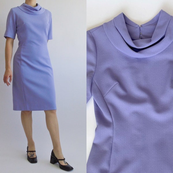 Vintage 60s lavender form fitting mod midi wiggle dress with cowl neck