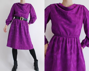 Vintage 80s gorgeous bright purple botanical print puff sleeve midi dress | XS