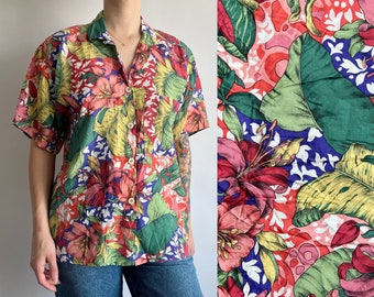Vintage 80s colorful floral & botanical print oversized novelty button up top