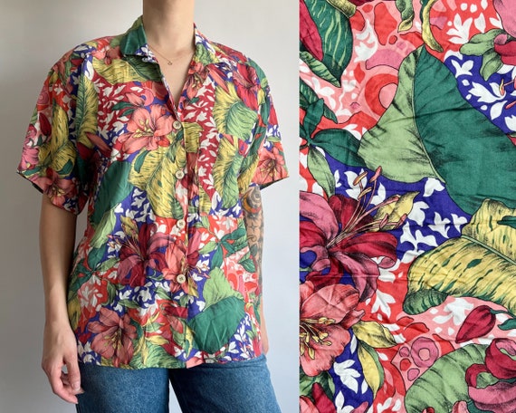 Vintage 80s colorful floral & botanical print ove… - image 1