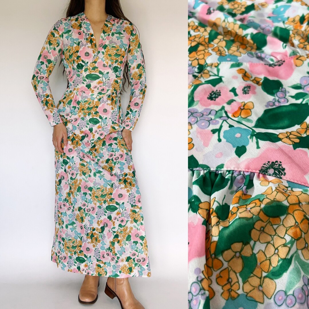 Vintage 70s Hippie Boho Floral Print Long Sleeve Maxi Dress With Waist ...