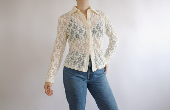 Vintage 70s cream colored sheer floral print lace… - image 3