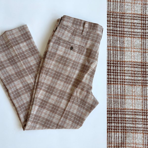 Vintage 70s men’s high waisted earth tone plaid cropped kick flare trouser pants by Haggar