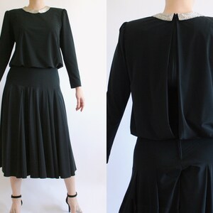 Incredible vintage late 70s disco queen flowy black midi dress with silver beaded collar by Neiman Marcus