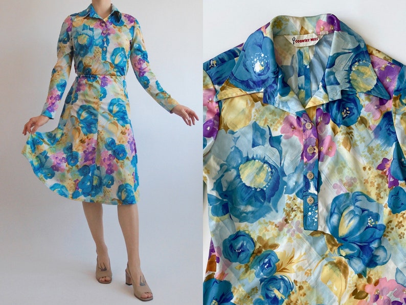 Groovy vintage 70s psychedelic floral novelty top & skirt two piece set image 1