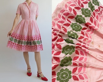 Vintage 50s pink floral gingham cotton fit and flare button up shirt midi dress by Kate Windsor Juniors | XS/S