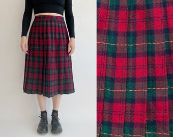 Vintage 90s high waisted red and green pleated wool plaid dark academia a-line midi school girl skirt | 28” to 29” waist