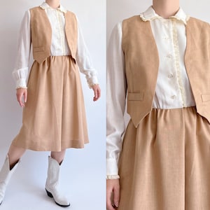 Vintage 70s two piece prairie style country western midi dress and cropped vest | XS