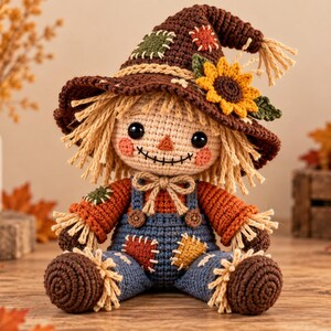 Scarecrow Crochet Pattern PDF, Cute Sunflower Amigurumi Doll, Fall Harvest Plushie, Patchwork Farmer Halloween Decoration