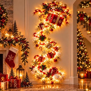 Op de afbeelding: Een verticale wanddecoratie met een slinger van warmwitte kerstverlichting, afgewisseld met miniatuur ingepakte cadeautjes, rode linten en metalen sneeuwvlokornamenten voor een feestelijke uitstraling tijdens de feestdagen.