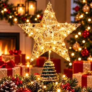 May include: A gold-toned, five-pointed star tree topper featuring an intricate, open-work wire mesh design illuminated by small, warm white LED lights. The star is mounted on a conical, spiraled base that sits atop a green pine branch.