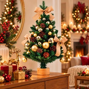 May include: A tabletop artificial Christmas tree featuring green pine needles, decorated with shiny and matte gold ornaments, natural brown pinecones, and three light brown fabric bows. The tree stands on a round, light-coloured wooden base.