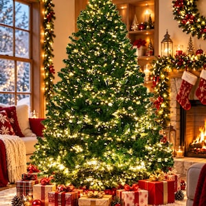 Peut inclure: Un grand sapin de Noël artificiel aux aiguilles vertes denses, illuminé par de nombreuses guirlandes lumineuses blanc chaud. La base de l'arbre est entourée de plusieurs boîtes cadeaux emballées dans des motifs rouges, dorés et écossais.