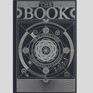 Könnte beinhalten: Ein dunkelblaues Hardcover-Buch mit dem Titel THE BOOK: THE ULTIMATE GUIDE TO REBUILDING CIVILIZATION. Der Einband zeigt filigrane silberne geometrische Linien, ein zentrales florales Mandala-Design und vier kleine rote kreisförmige Akzente.
